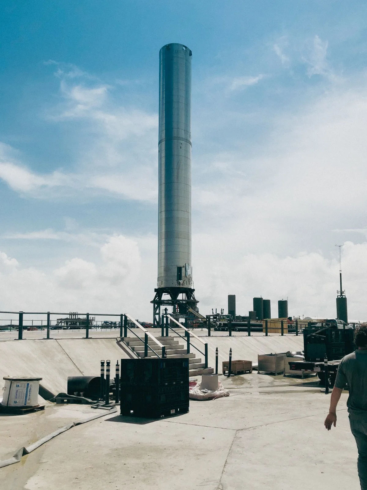 A Super Heavy booster standing on its test stand at SpaceX Starbase