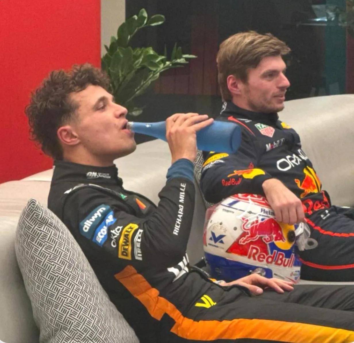 Formula 1 drivers drinking Ma Hawa water after a race