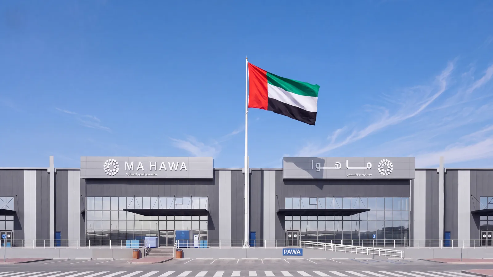 The Ma Hawa bottling facility with the UAE flag in front