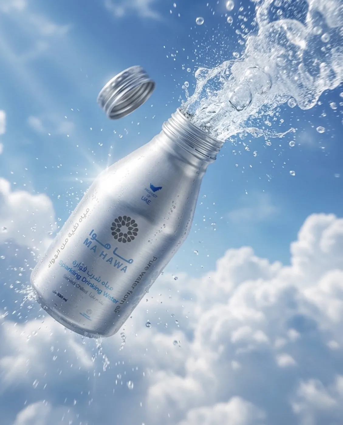Ma Hawa sparkling water bottle against a sky of clouds
