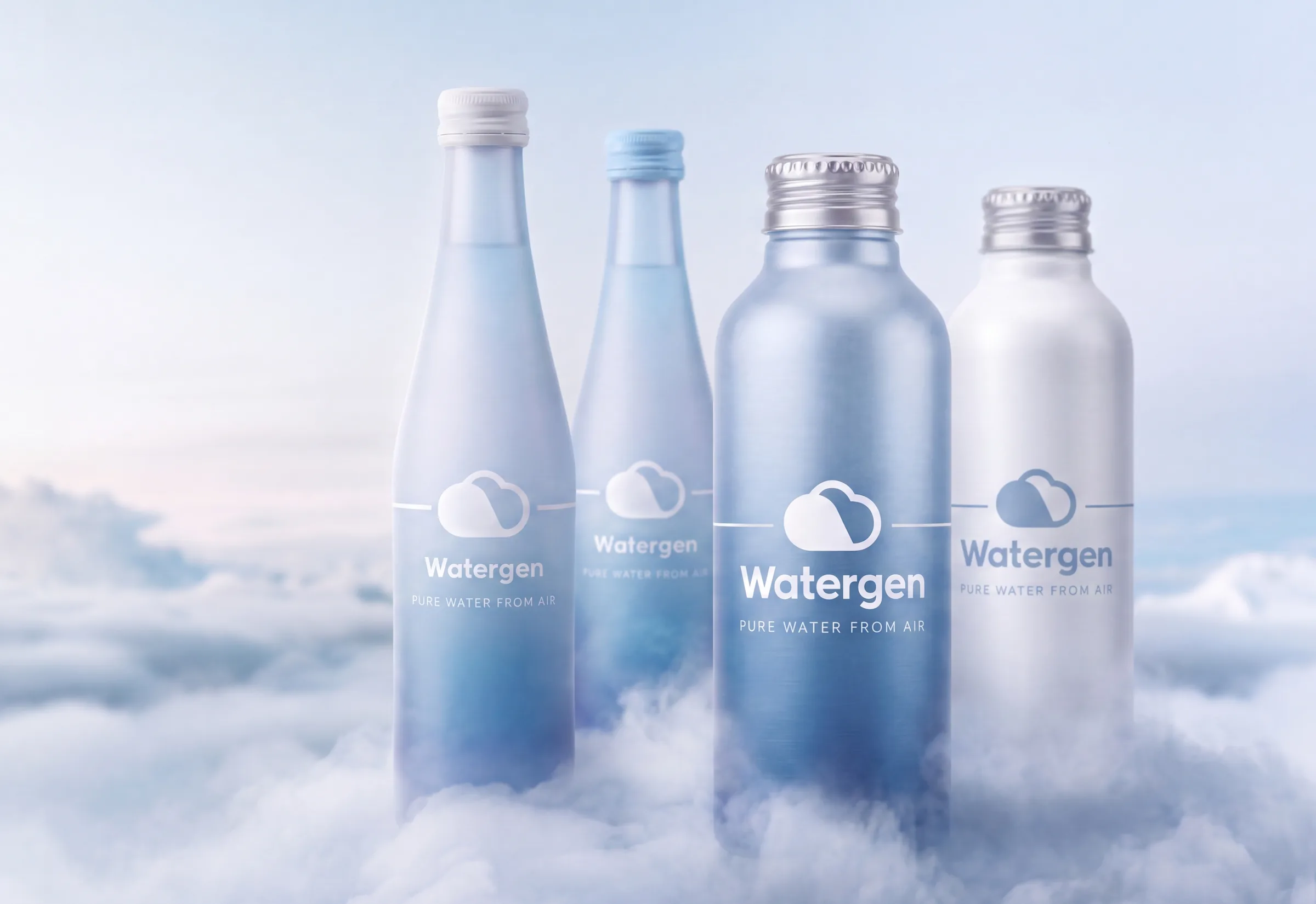 Watergen glass and aluminum water bottles standing above the clouds