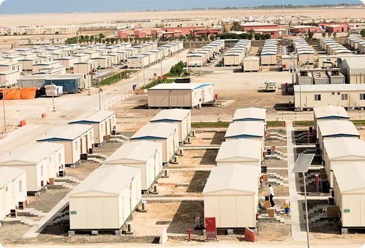 Aerial view of a remote workforce camp in the desert