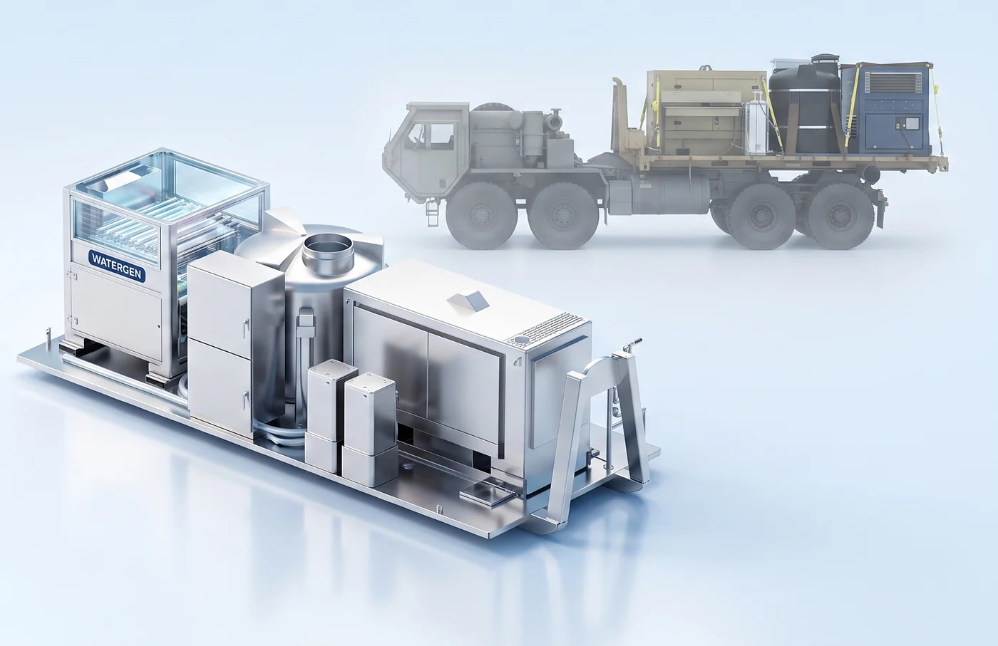 Watergen GEN-M Pro, generator, external tank, treatment cabinet, water coolers and drinking fountain mounted on one unit, with a military truck behind it