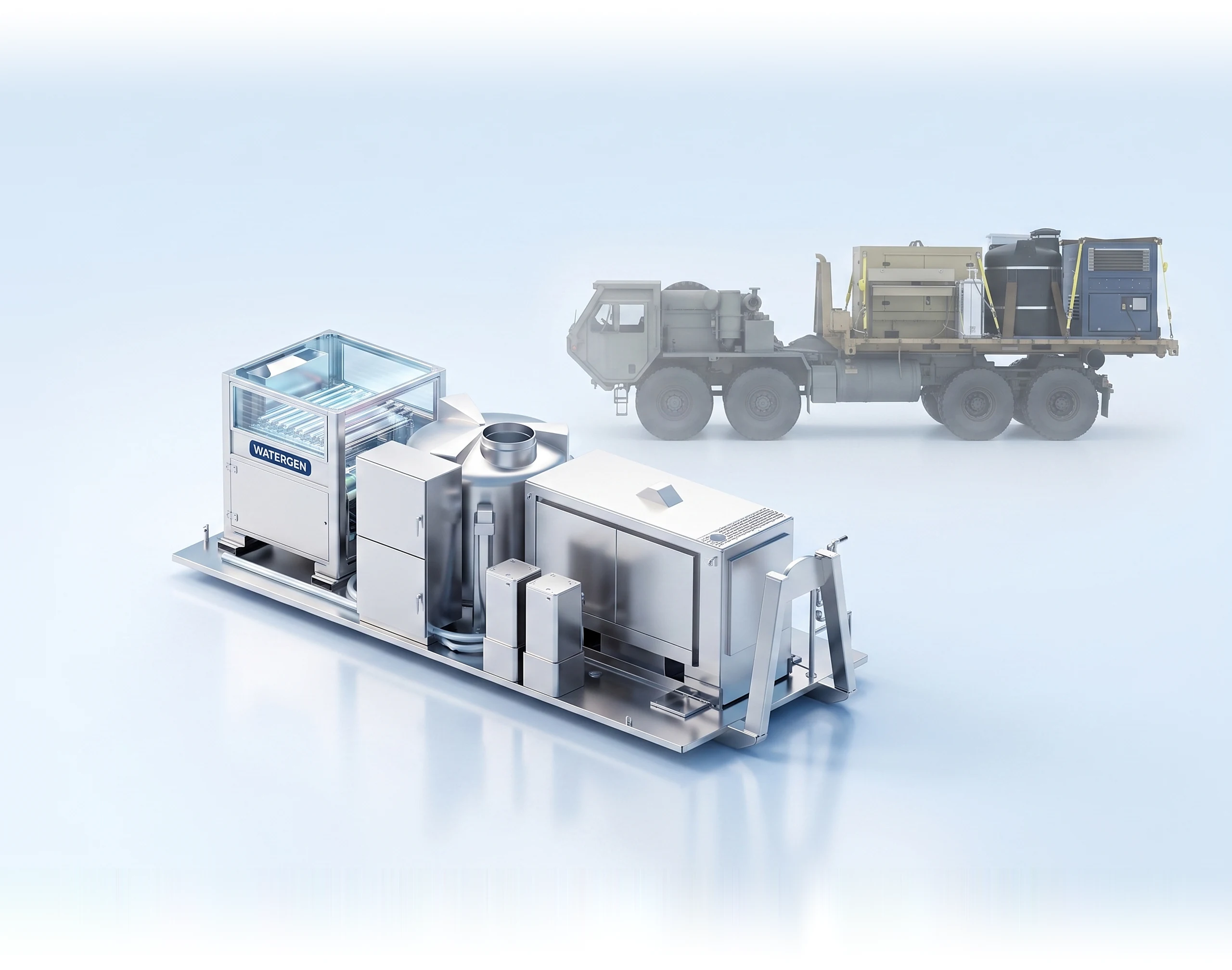 Watergen GEN-M Pro, generator, external tank, treatment cabinet, water coolers and drinking fountain mounted on one unit, with a military truck behind it