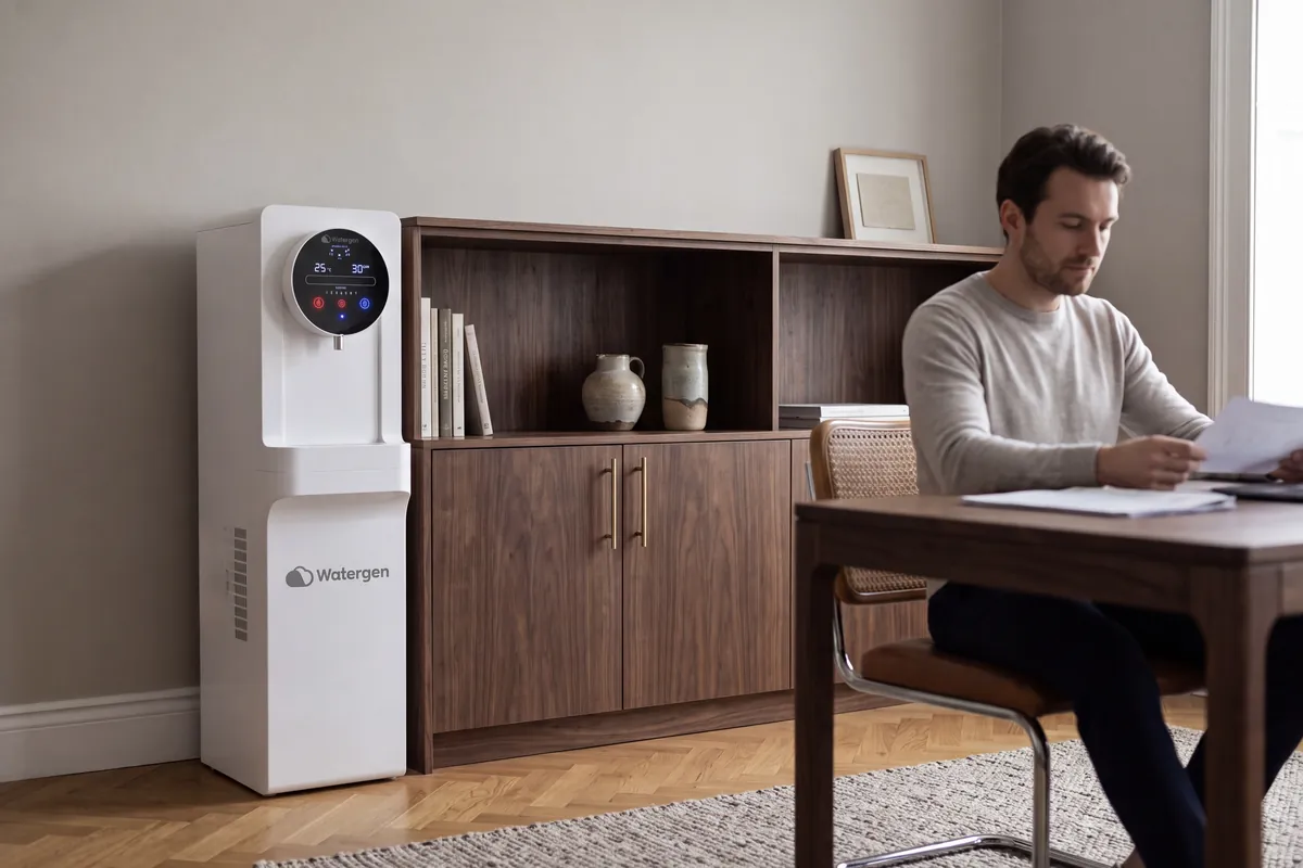 Watergen dispenser beside a walnut sideboard in a home study where a person works at a desk