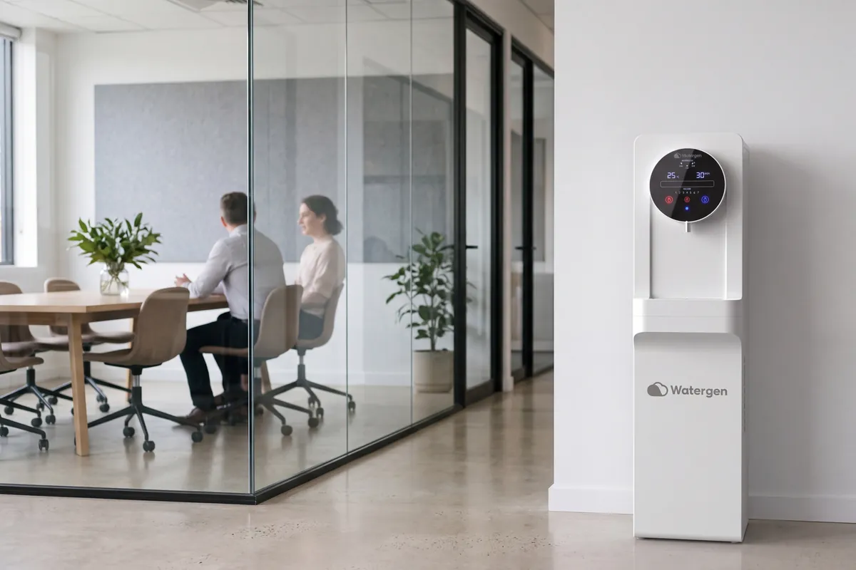 Watergen dispenser in an office beside a glass meeting room where two colleagues are talking