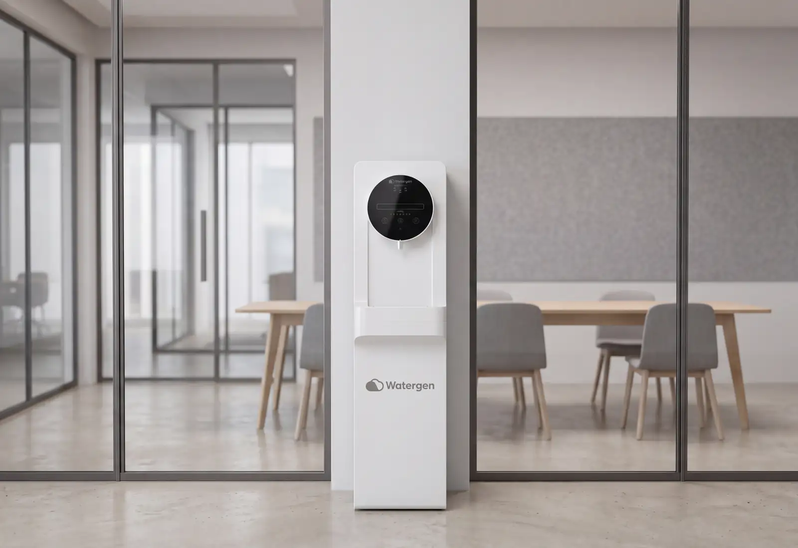Watergen dispenser between two glass-walled meeting rooms