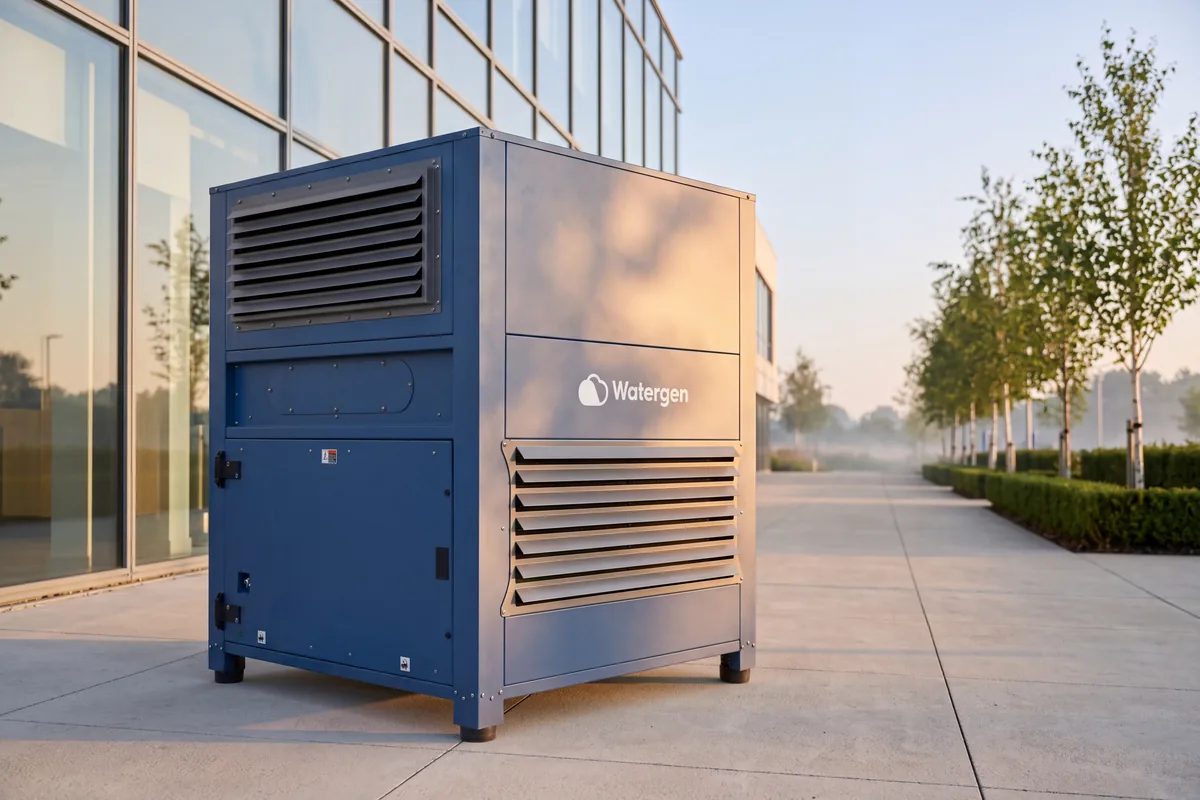 Watergen atmospheric water generator outside an office building at sunrise