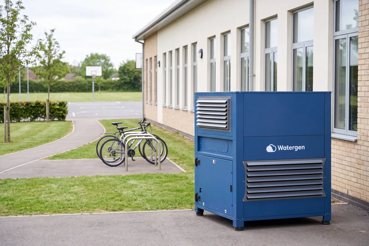 Watergen atmospheric water generator outside a school building