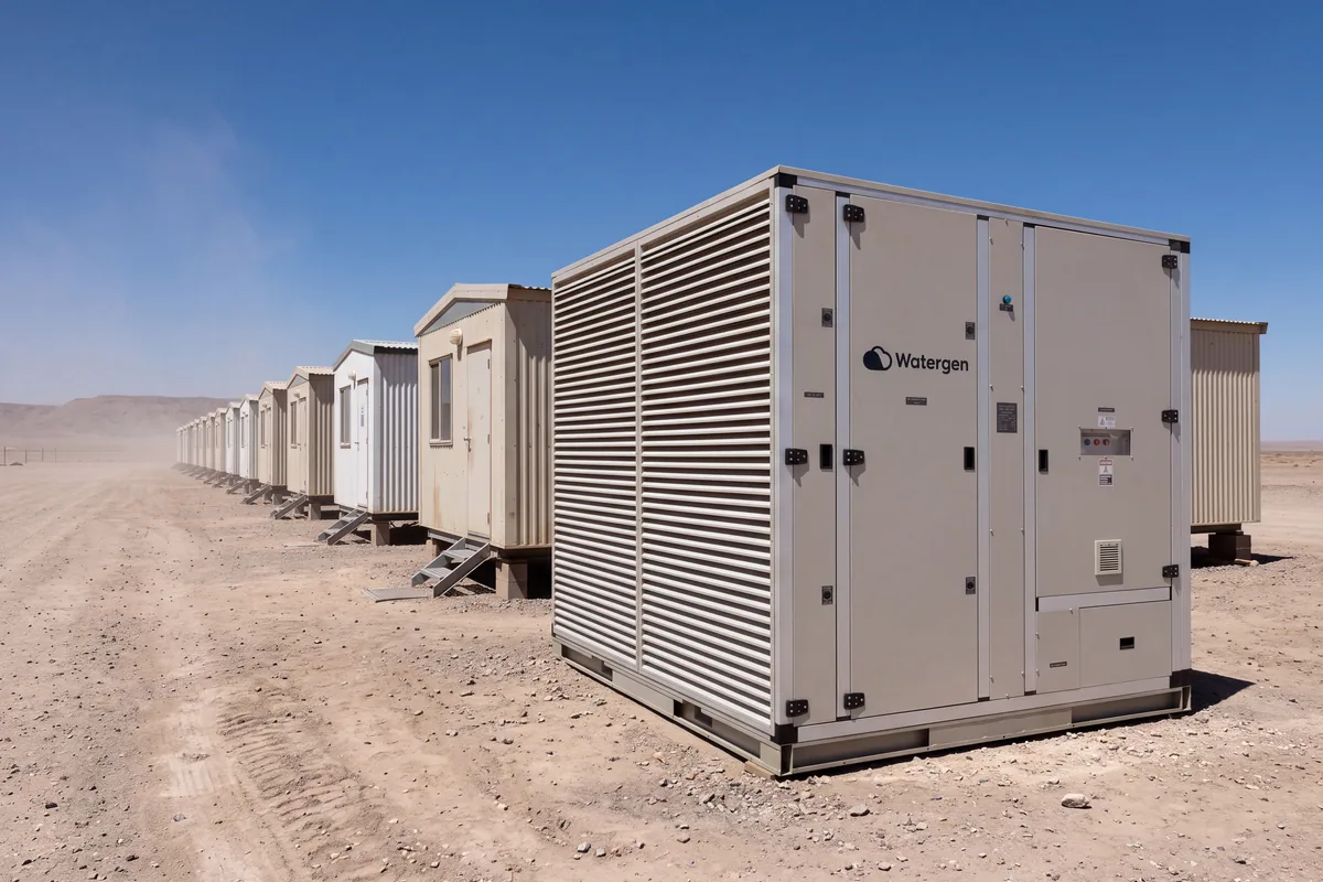 Watergen atmospheric water generator beside accommodation units at a desert workforce camp