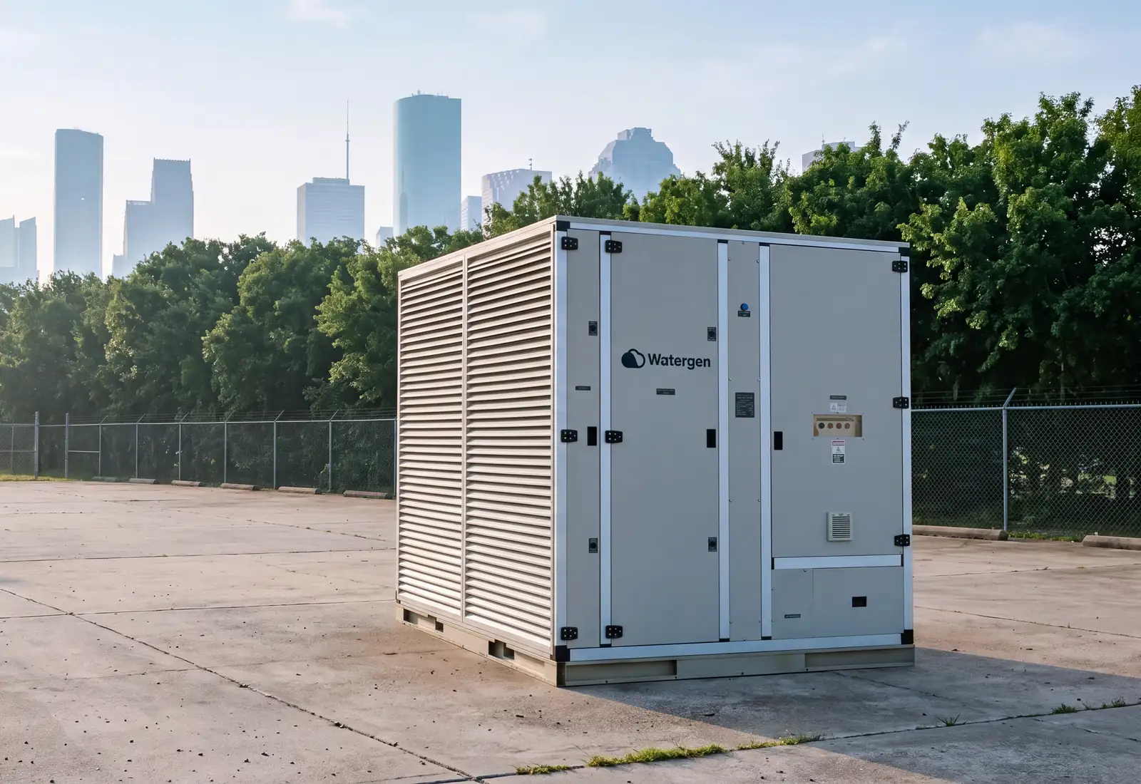 Watergen GEN-L atmospheric water generator on a lot at the edge of a city