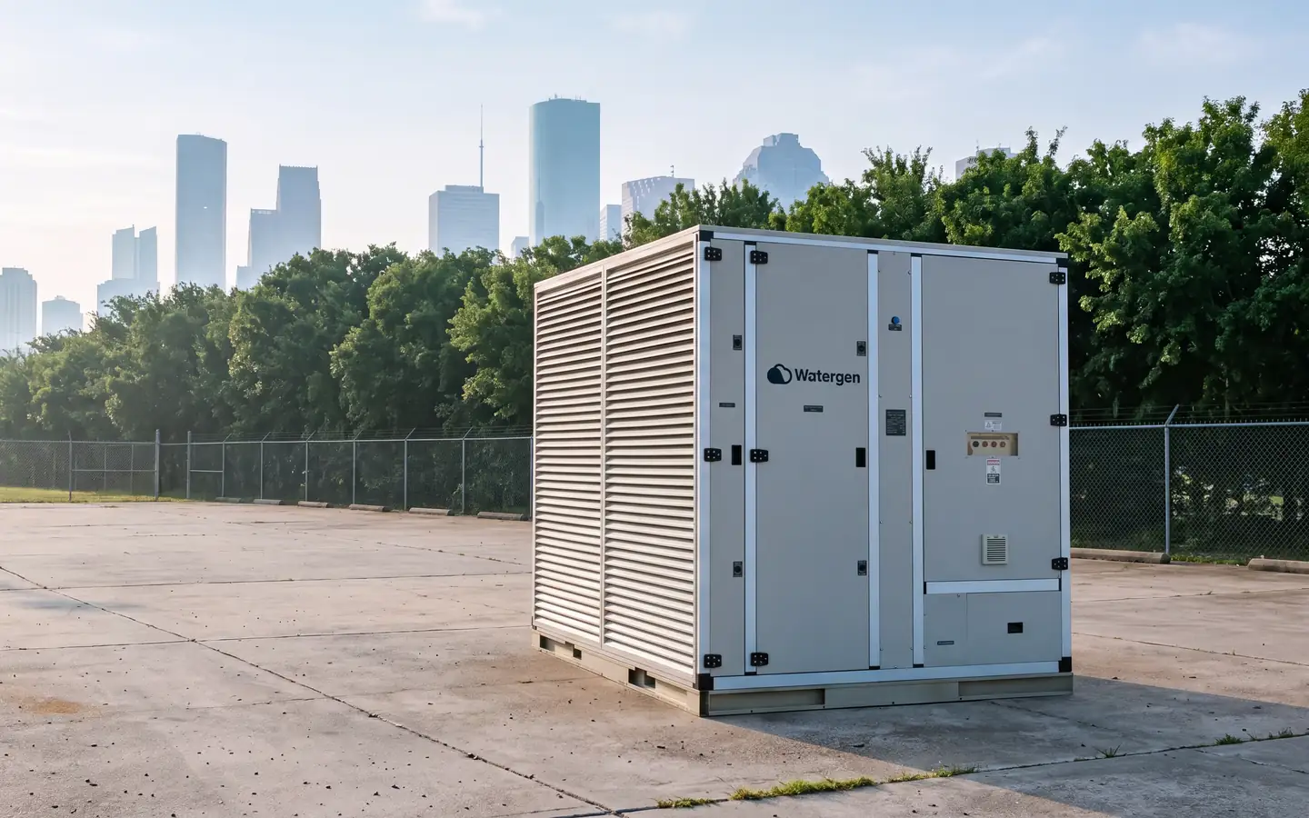 Watergen GEN-L atmospheric water generator on a lot at the edge of a city