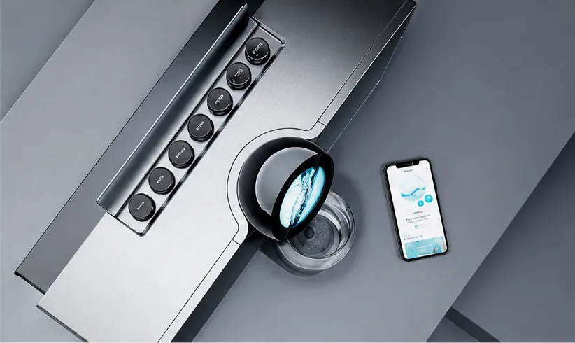 Watergen Countertop dispenser set into a brushed-steel counter, seen from above