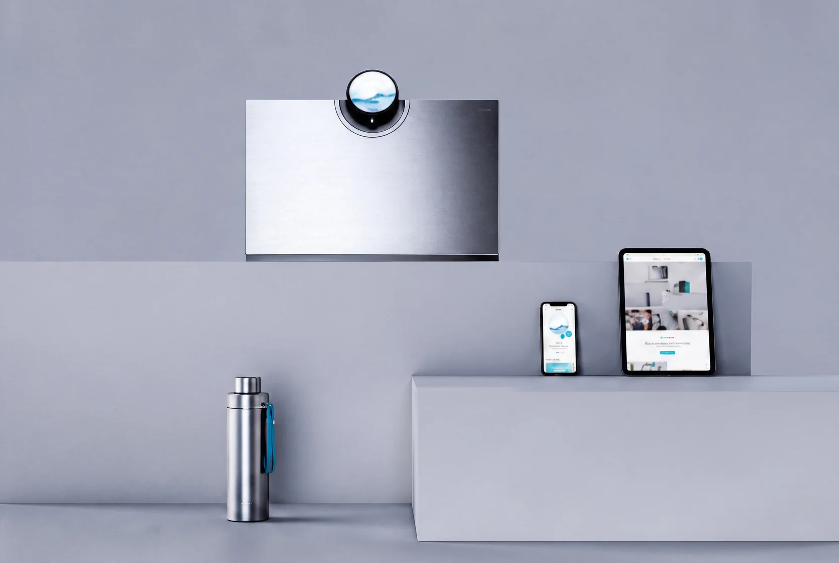 Watergen Countertop on a ledge in a studio scene, with a bottle, a phone and a tablet running the companion app