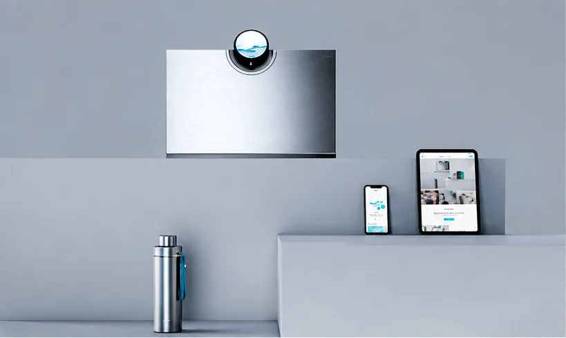 Watergen Countertop with the companion app and a bottle in a studio scene