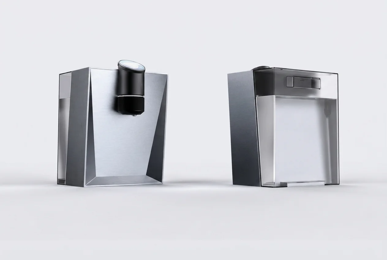 Watergen Countertop — front view beside a side view showing the transparent water tank